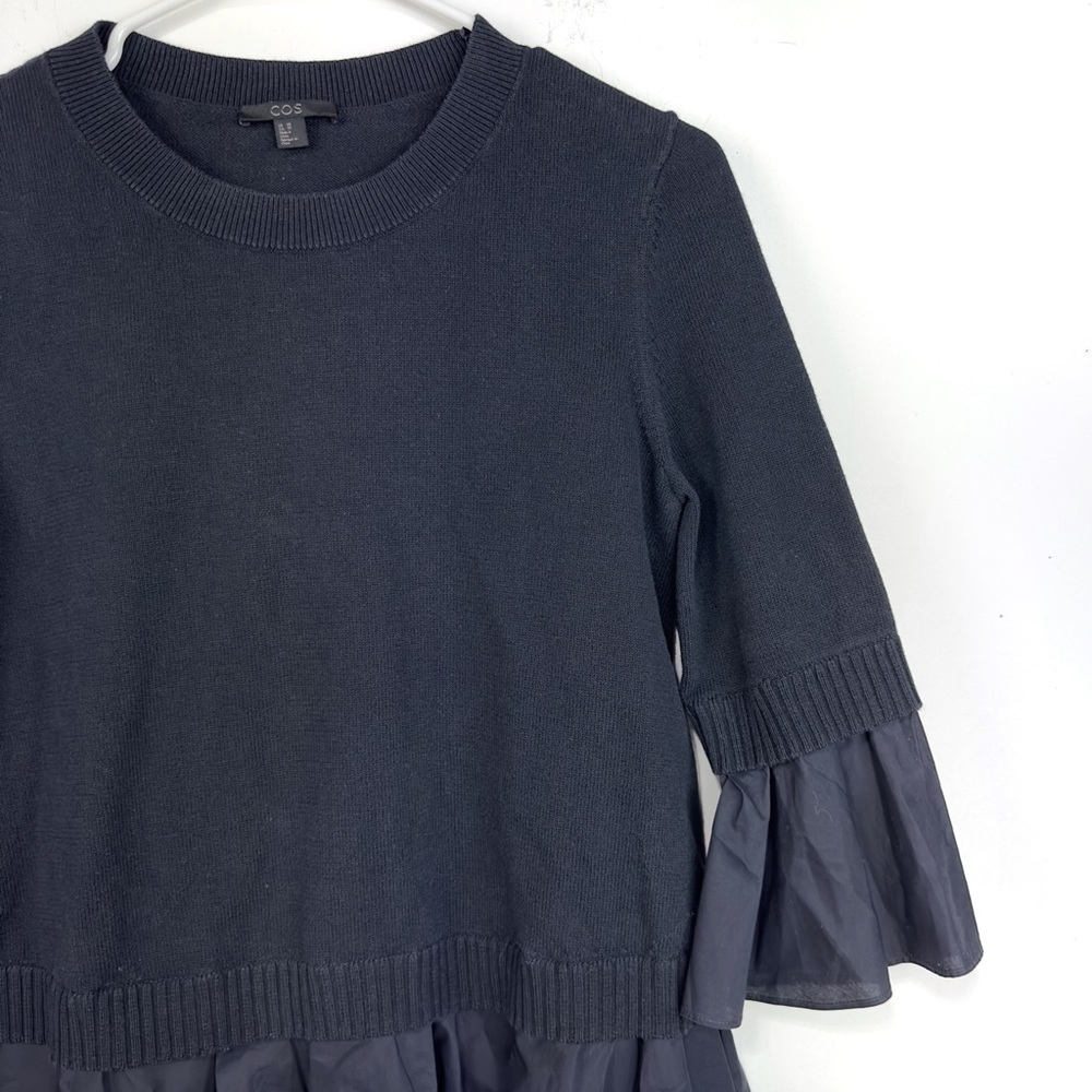 COS Navy Blue Mixed Media Knitted Sweater With Shirt Detail Ruffle Hem Size XS - Picture 3 of 9
